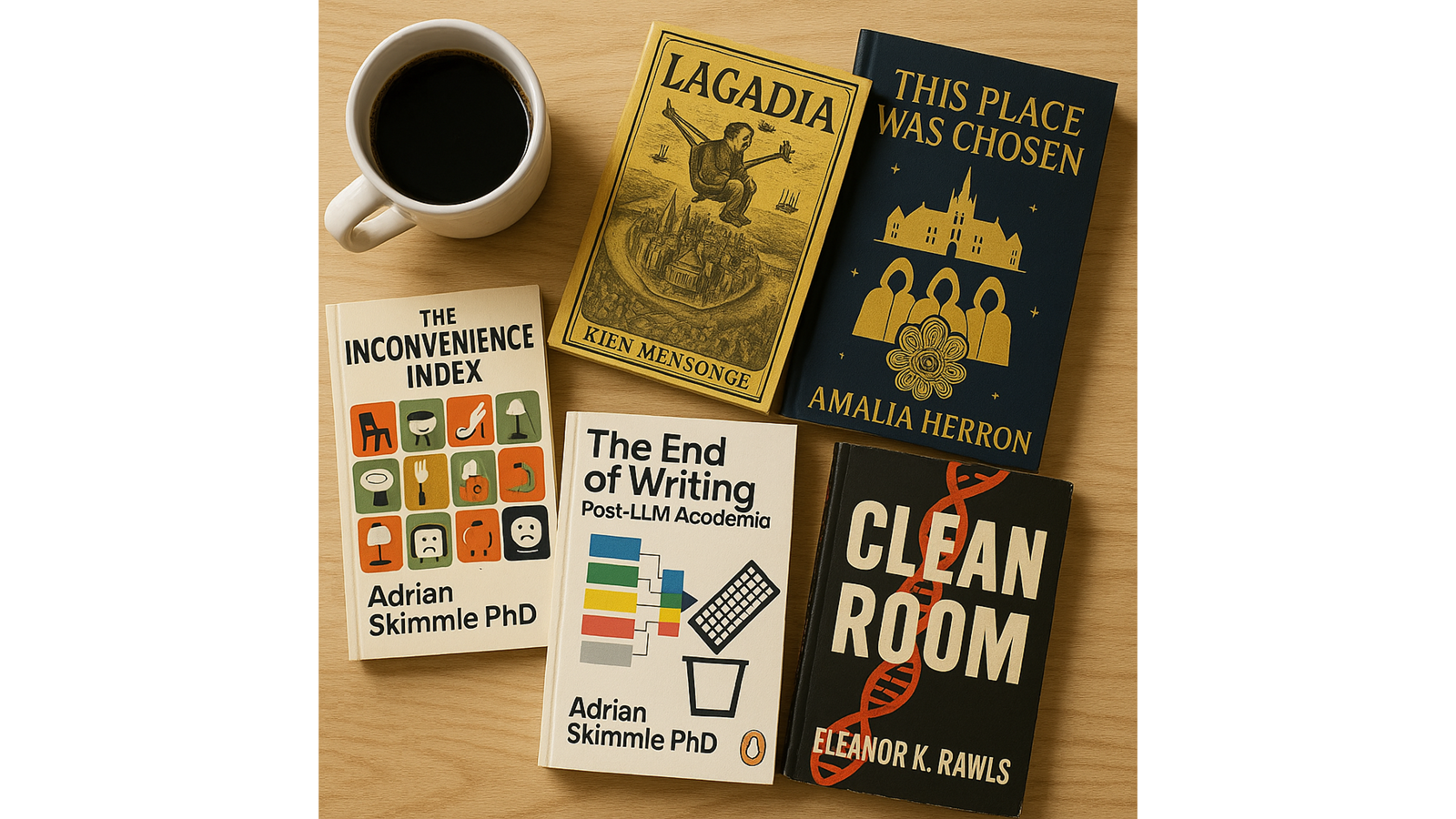 Five imaginary books from the MetaCampus Library arranged on a table beside a cup of coffee.