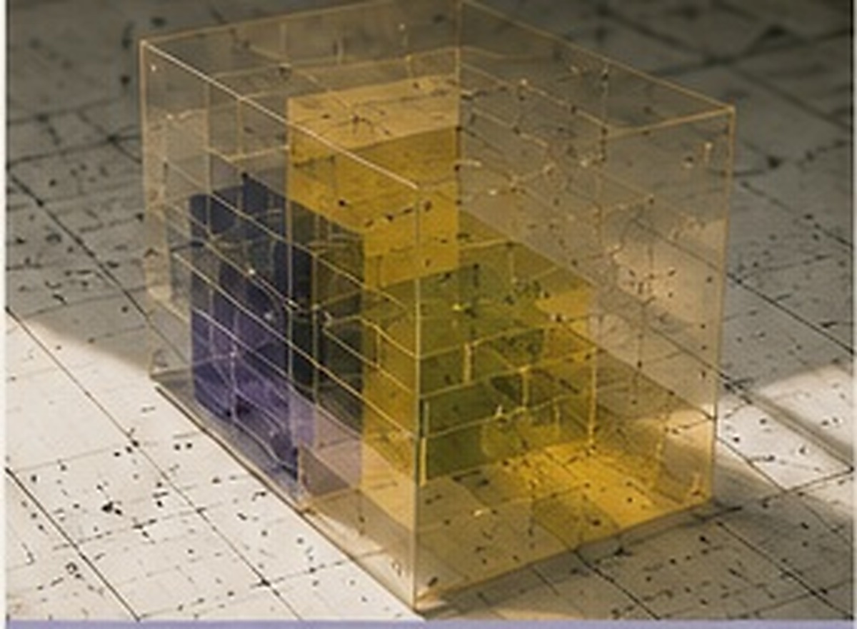 Transparent layered research object with lavender and yellow planes