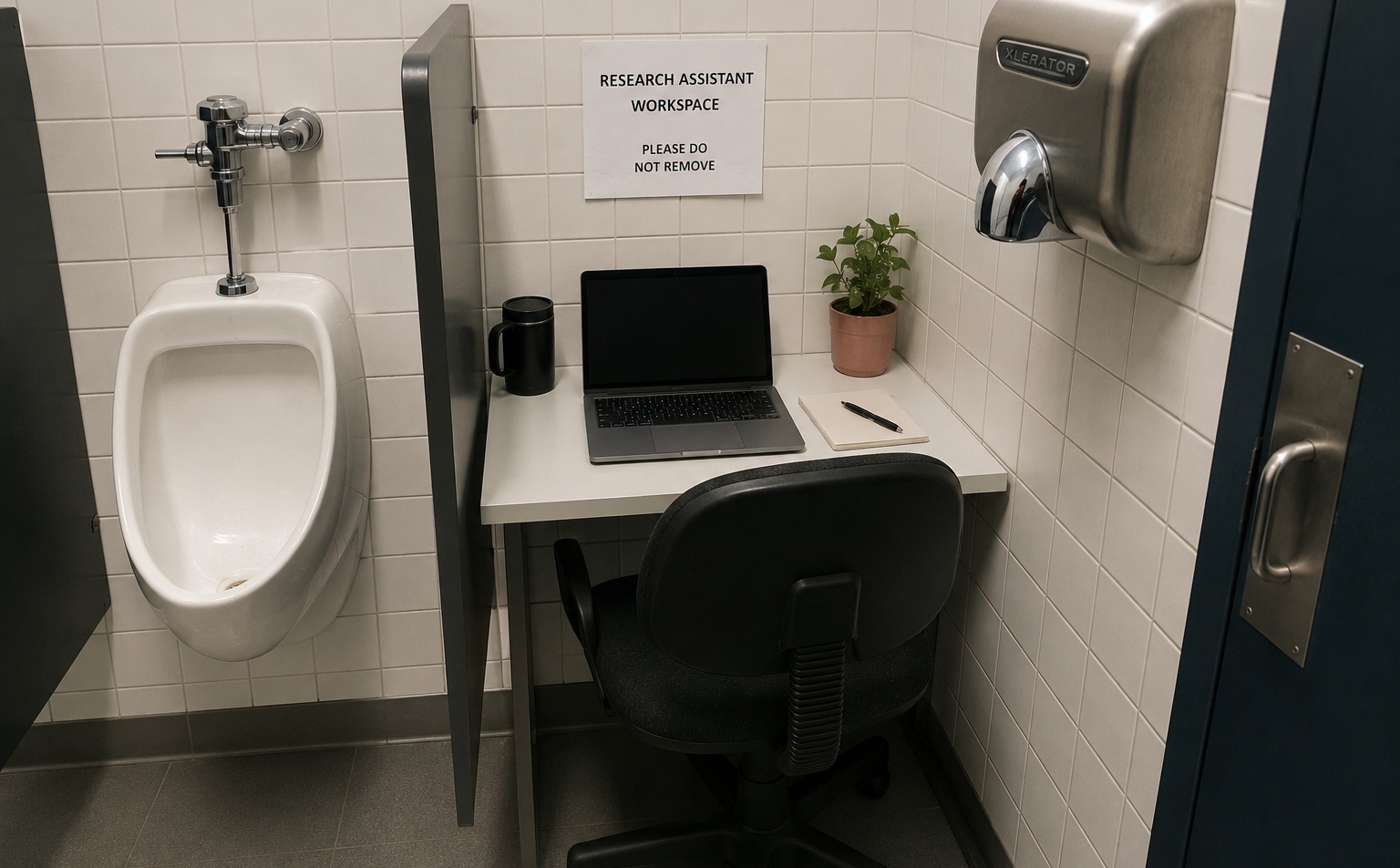 The Precarious Workstation: a photographed research desk assembled from borrowed equipment and institutional detritus