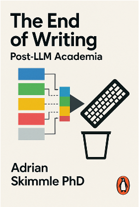 Illustrated cover of The End of Writing: Post-LLM Academia by Adrian Skimmle, showing text blocks directed towards a keyboard and waste bin.
